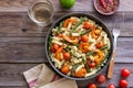 Pasta with shrimp, asparagus and tomatoes. Healthy eating. Diet