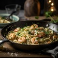 Pasta with shrimp, cheese sauce and herbs in a pan, kitchen in the background Royalty Free Stock Photo