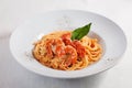 Pasta with shrimp and salmon isolated on white Royalty Free Stock Photo