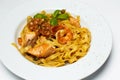 Pasta with shrimp and salmon, pasta with seafood Royalty Free Stock Photo