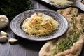 Pasta with shrimps in creamy garlic sauce Royalty Free Stock Photo