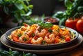 Pasta with shrimps tomato pepper and basil on plate Royalty Free Stock Photo