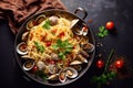 Pasta spaghetti alle vongole seafood pasta with clams in frying cooking pan Royalty Free Stock Photo