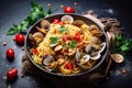 Pasta spaghetti alle vongole seafood pasta with clams in frying cooking pan Royalty Free Stock Photo