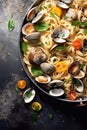 Pasta spaghetti alle vongole seafood pasta with clams in frying cooking pan Royalty Free Stock Photo