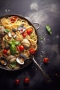 Pasta spaghetti alle vongole seafood pasta with clams in frying cooking pan Royalty Free Stock Photo