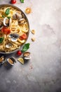 Pasta spaghetti alle vongole seafood pasta with clams in frying cooking pan Royalty Free Stock Photo