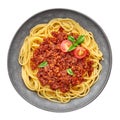 Pasta Spaghetti Bolognese in gray bowl isolated on white background. Bolognese sauce is classic italian cuisine dish Royalty Free Stock Photo