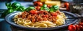 Pasta spaghetti bolognese with minced beef sauce, tomatoes, parmesan cheese and fresh basil in a plate on white table. Royalty Free Stock Photo