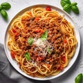 Pasta spaghetti bolognese with minced beef sauce, tomatoes, parmesan cheese and fresh basil in a plate on white table. Royalty Free Stock Photo