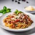 Pasta spaghetti bolognese with minced beef sauce, tomatoes, parmesan cheese and fresh basil in a plate on white table. Royalty Free Stock Photo