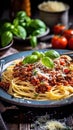 Pasta spaghetti bolognese with minced beef sauce, tomatoes, parmesan cheese and fresh basil in a plate on white table. Royalty Free Stock Photo