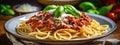 Pasta spaghetti bolognese with minced beef sauce, tomatoes, parmesan cheese and fresh basil in a plate on white table. Royalty Free Stock Photo