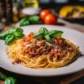 Pasta spaghetti bolognese with minced beef sauce, tomatoes, parmesan cheese and fresh basil in a plate on white table. Royalty Free Stock Photo