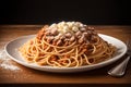 Pasta Spaghetti Bolognese in white plate. Italian food. Generative AI