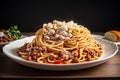 Pasta Spaghetti Bolognese in white plate. Italian cuisine. Generative AI