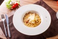 Pasta spaghetti carbonara on white background. Top view Royalty Free Stock Photo