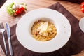 Pasta spaghetti carbonara on white background. Top view Royalty Free Stock Photo