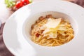 Pasta spaghetti carbonara on white background. Top view Royalty Free Stock Photo