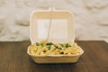 Pasta and spaghetti fresh delivery pack. Fast food restaurant Royalty Free Stock Photo