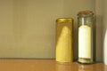 Pasta spaghetti in glass jar on wooden table background. Pasta in a glass jar container. space for text Royalty Free Stock Photo