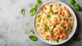 Pasta spaghetti with grilled shrimps bechamel sauce. Spaghetti with seafood rich cream Royalty Free Stock Photo