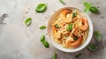 Pasta spaghetti with grilled shrimps bechamel sauce. Spaghetti with seafood rich cream Royalty Free Stock Photo