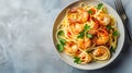 Pasta spaghetti with grilled shrimps bechamel sauce. Spaghetti with seafood rich cream Royalty Free Stock Photo