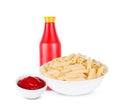 pasta spaghetti macaroni with ketcup isolated on white background Royalty Free Stock Photo