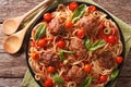 Pasta spaghetti with meatballs, olives and tomatoes closeup. Horizontal top view Royalty Free Stock Photo