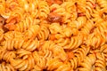 Pasta spaghetti with red tomato sauce,  arrabiata with mushrooms, bacon, parmezan Royalty Free Stock Photo