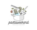 Pasta and spaghetti, saucepan, tongs and fork, logo design. Food, meal, vegetables, restaurant and catering, vector design Royalty Free Stock Photo