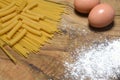 Pasta, spaghetti and sedani with flour and eggs. Typical ingredients of Italian cuisine. closeup