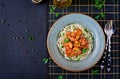 Pasta spaghetti with shrimps, tomato and chopped parsley Royalty Free Stock Photo