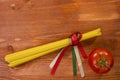 Pasta spaghetti tied with ribbons of the flag colors of Italy Royalty Free Stock Photo