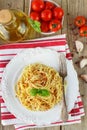 Pasta spaghetti with tomatoes and Basil on a white plate