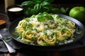 Pasta spaghetti with zucchini, green peas and cream sauce on black stone background. Vegetarian vegetable pasta. Zucchini noodles