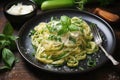 Pasta spaghetti with zucchini, green peas and cream sauce on black stone background. Vegetarian vegetable pasta. Zucchini noodles