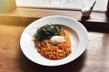 Pasta spicy garlic and cods mentaiko with soft boiled egg.