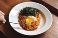 Pasta spicy garlic and mentaiko with soft boiled egg.