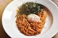 Pasta spicy garlic and mentaiko with soft boiled egg.