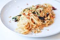 Pasta or spicy pasta or spicy spaghetti  ,Spaghettini with Garlic and Dried Chili or dried chili spaghetti Royalty Free Stock Photo