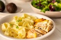 Pasta with stewed chicken breast close up Royalty Free Stock Photo