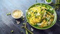 Pasta tagliatelle with asparagus, peas, beans and parmesan cheese on top. healthy food Royalty Free Stock Photo