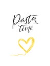 Pasta time text and spaghetti heart illustration. Menu cover design for italian restaurant, pasta bar and recipes book