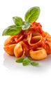 Pasta with tomato sauce and basil garnish, simple background, space reserved for recipe Royalty Free Stock Photo