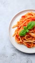 Pasta with tomato sauce and basil garnish, simple background, space reserved for recipe Royalty Free Stock Photo