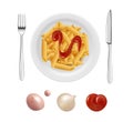 Pasta with tomato sauce. Italian cuisine dish, isolated white plate and stationery. Realistic diverse sauces drops Royalty Free Stock Photo