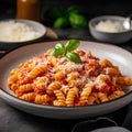 Pasta with tomato sauce, parmesan cheese and basil. Italian cuisine