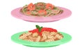 Pasta with Tomato Sauce, Potherbs and Shrimps Served on Plate Vector Illustration Set Royalty Free Stock Photo